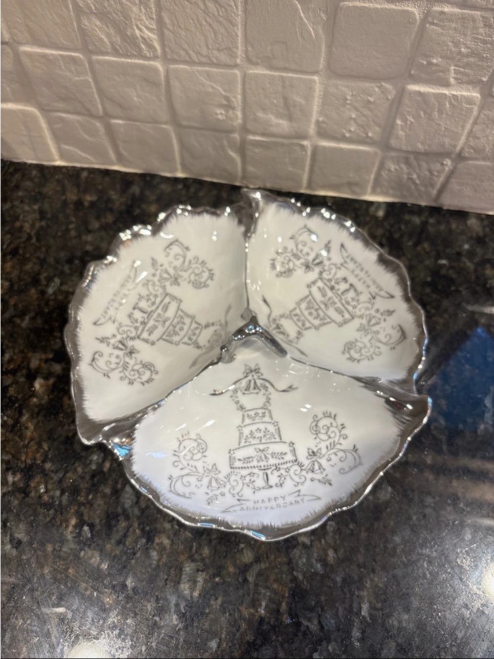 Vintage 25 anniversary White Porcelain Triple Dish with Silver Trim